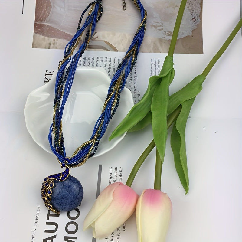 Exquisite Bohemian Chic Peacock Gemstone Pendant Necklace - Retro Leaf Design, Ethnic Style Jewelry for Women, Adjustable Chain, Durable Construction - Perfect Accessory for Casual or Formal Occasions