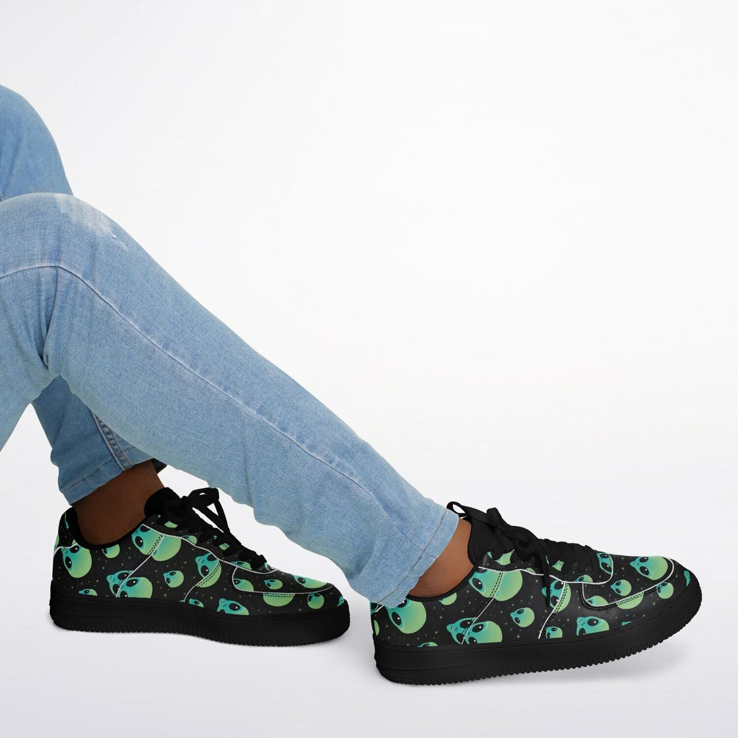Core Low Shoes, Alien Skull Sneakers, Green & Blue Skull Low Tops, Unique Sci-Fi Streetwear Custom Design