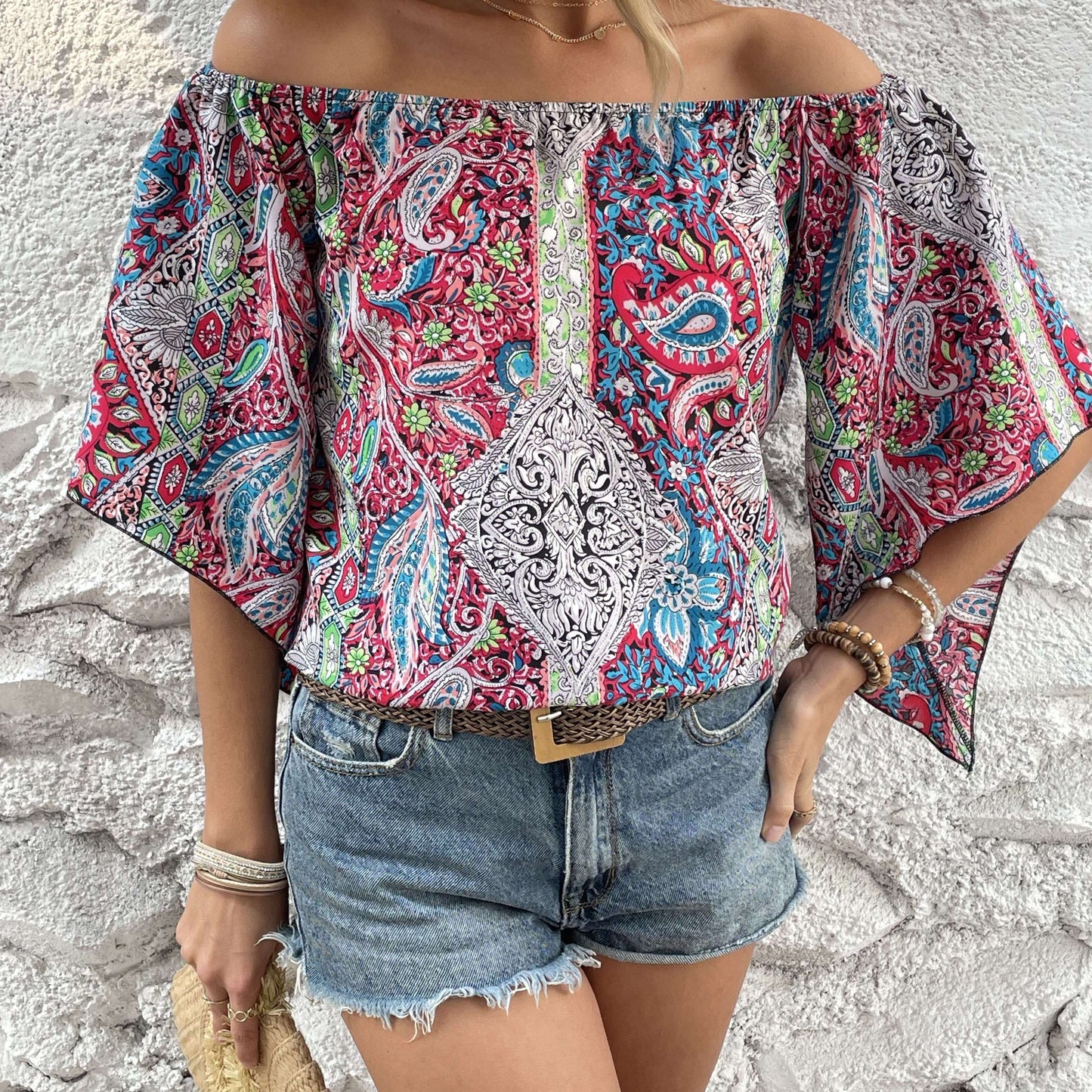 Bohemian Paisley Off-Shoulder Blouse - Lightweight with Statement Flare Sleeves - Perfect for Spring & Summer Outings