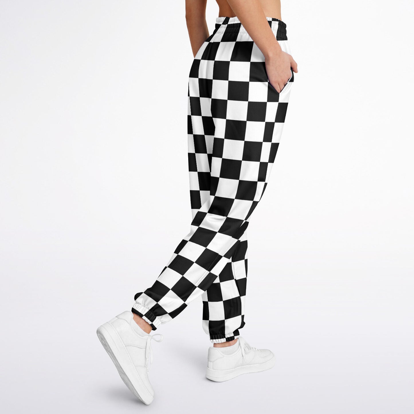 Black White Checkered Women's Track Pants, Eco-Friendly Check Straight Leg Quick Dry Festival Elastic Waist Windbreaker Tracksuit