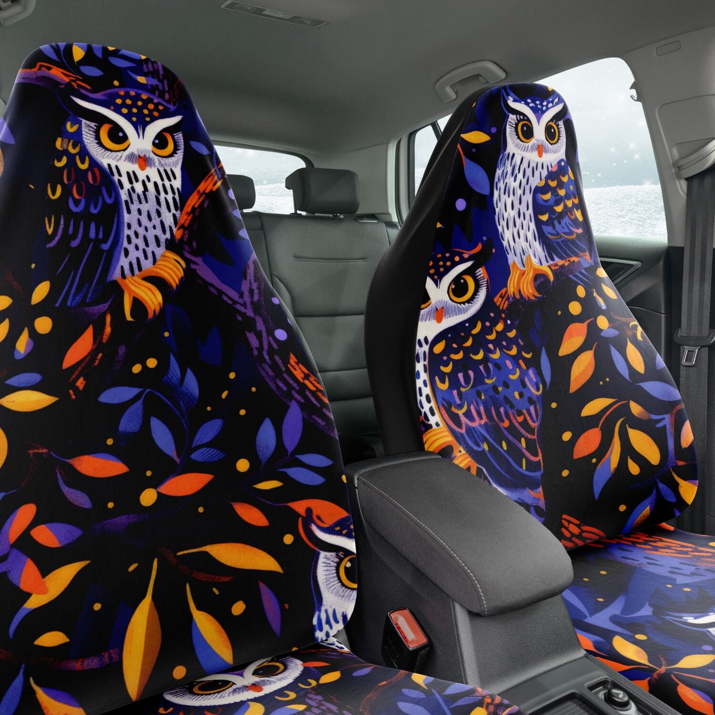 Whimsical Owl & Forest Car Seat Covers – Nature-Inspired Art Custom Design