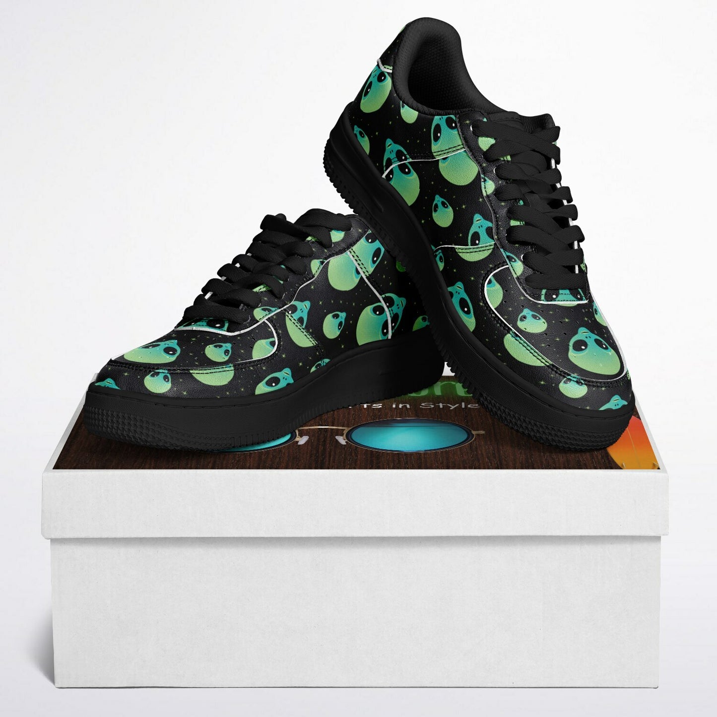 Core Low Shoes, Alien Skull Sneakers, Green & Blue Skull Low Tops, Unique Sci-Fi Streetwear Custom Design