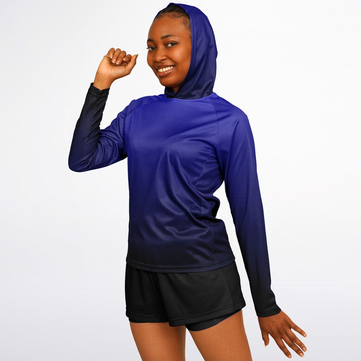 Blue & Black Gradient Women's Long Sleeve Hooded Performance Shirt