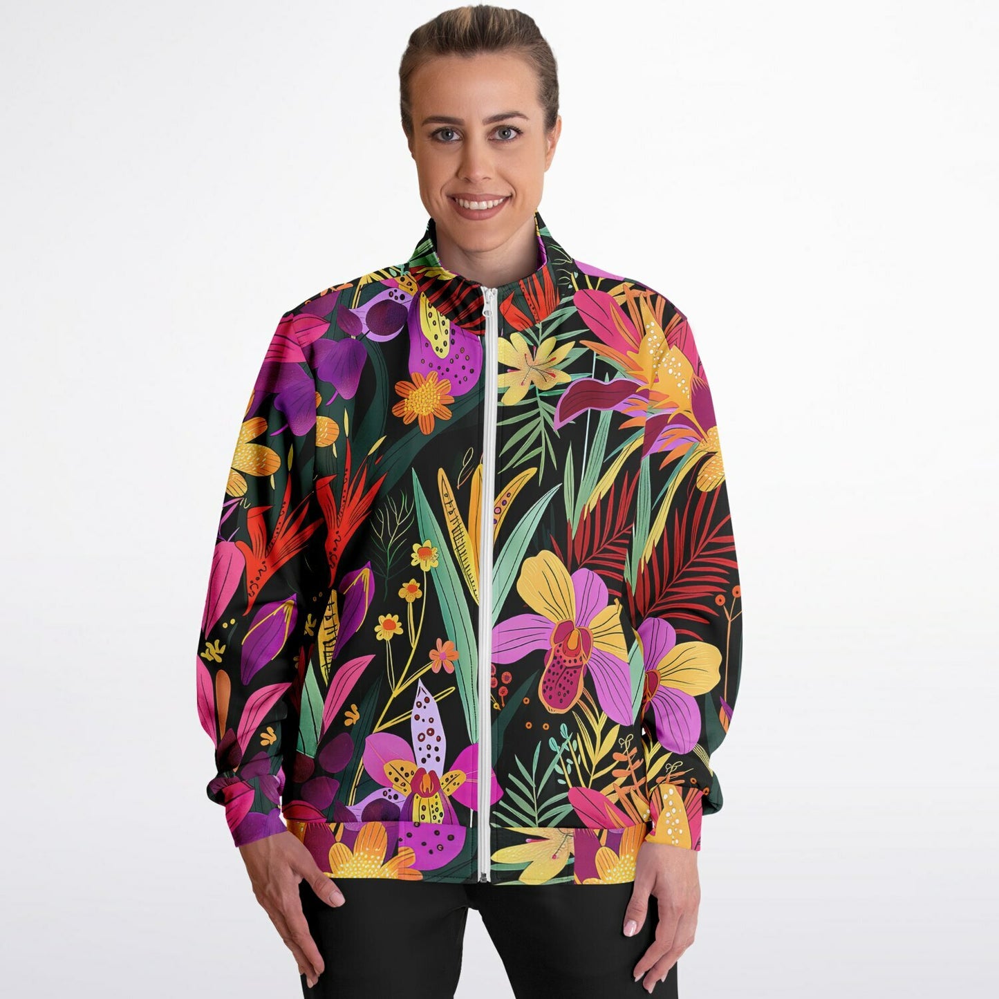 Exotic Floral Track Spring, Summer & Fall Jacket – Vibrant Tropical Lilies & Orchids Streetwear