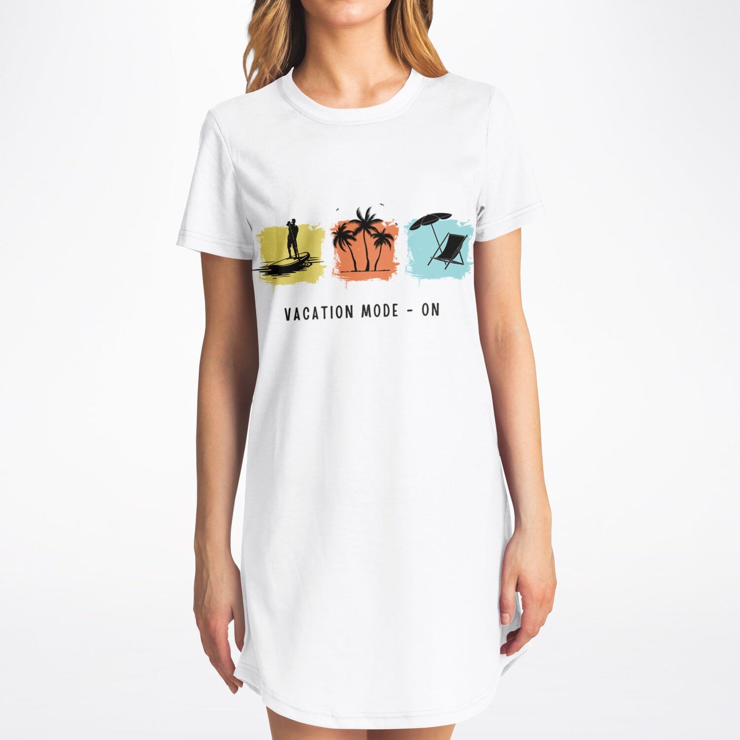 Vacation Mode On White T-Shirt Dress, Casual Summer Beach Dress, Relaxed Fit Travel Outfit, Graphic Vacation Dress for Women copy