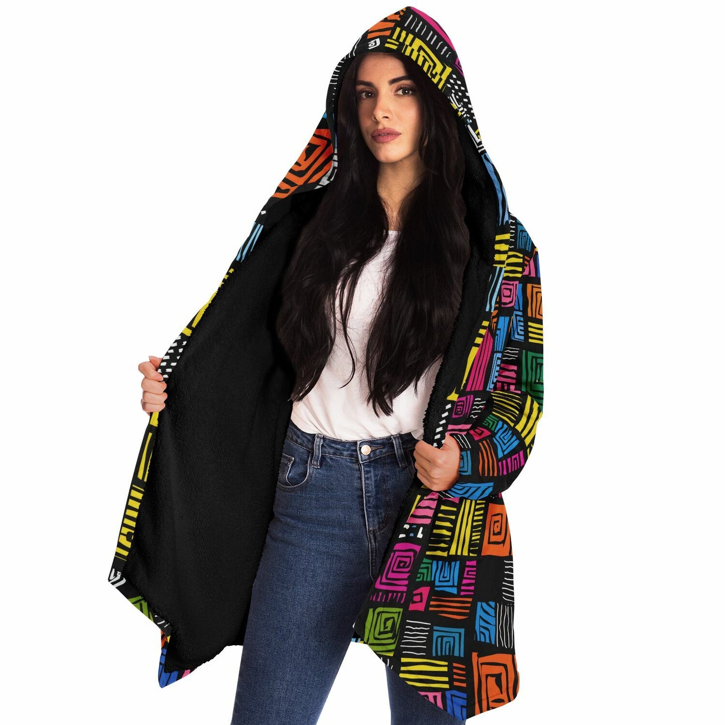 Microfleece Cloak – Vibrant Kaleidoscopic Mandala Hoodie Cape | Boho Festival Streetwear Wrap