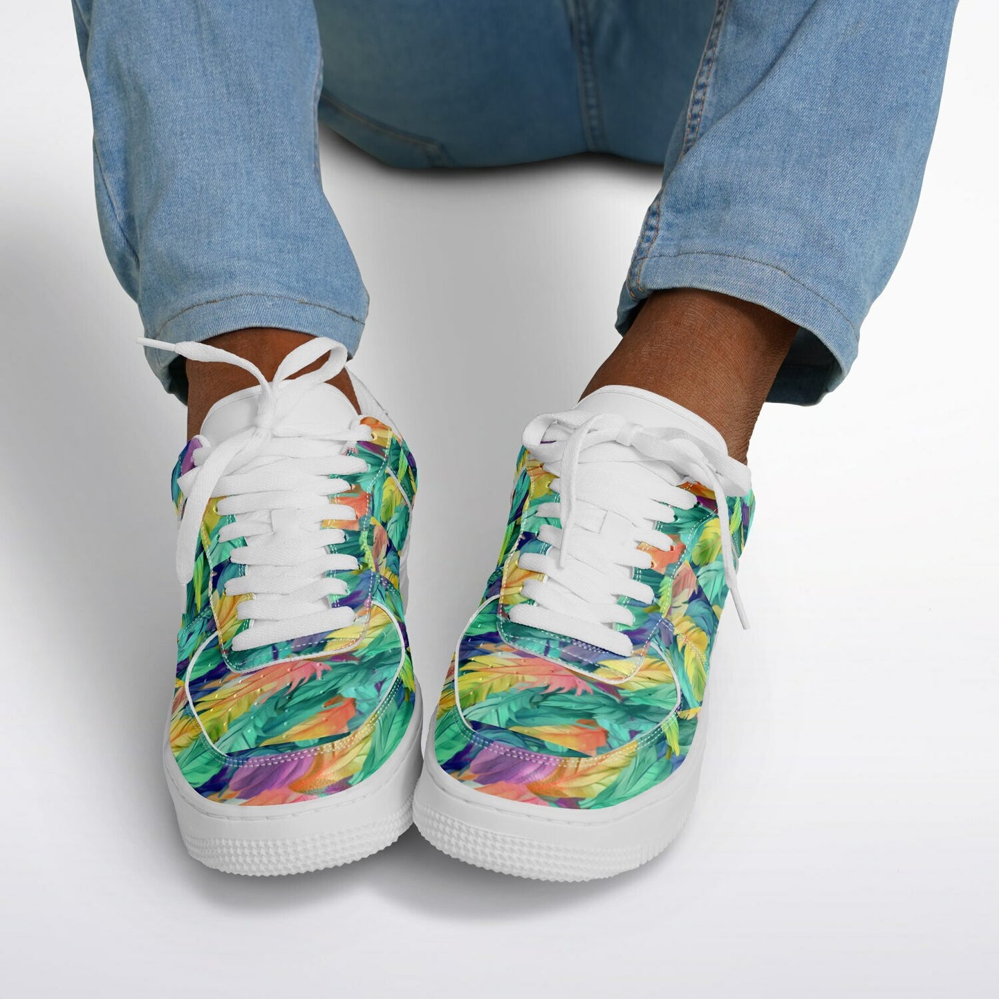 Core Low Shoes, Neon Feather Sneakers, Colorful Feather Print Low Tops, Festival Streetwear Shoes, Custom Shoes