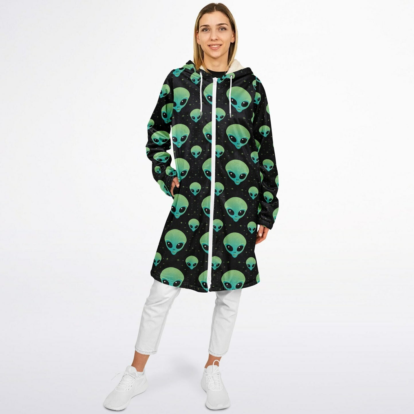 Black & Green Alien Terrestrial Zipper Cloak – One-of-a-Kind Hooded Cape for Festivals, Travel & Statement Style | Holloween Coat