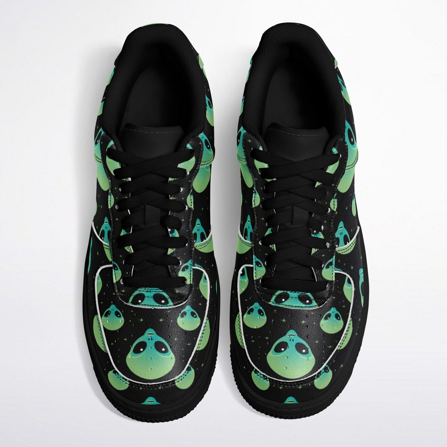 Core Low Shoes, Alien Skull Sneakers, Green & Blue Skull Low Tops, Unique Sci-Fi Streetwear Custom Design