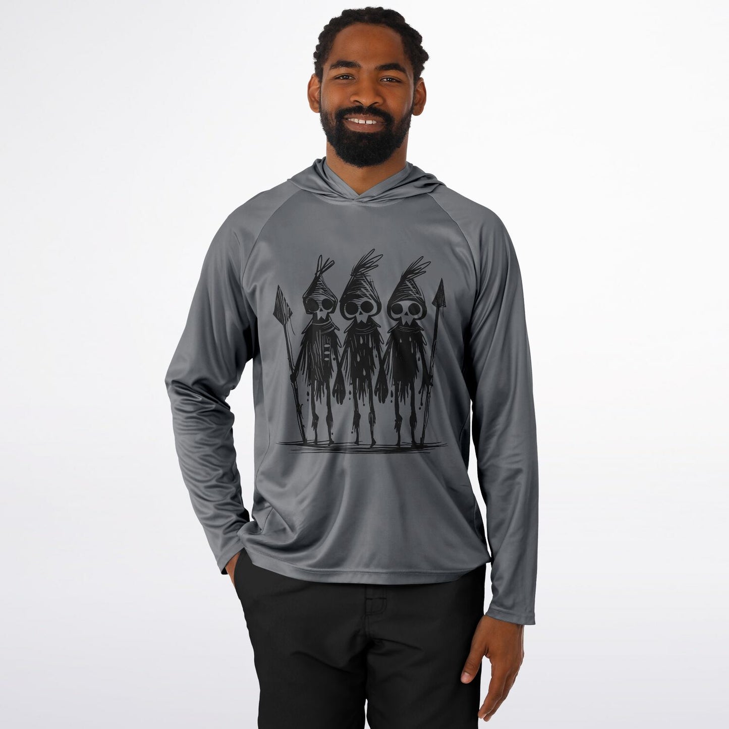 Men’s Hooded Performance Shirt – Tribal Warrior Skull Sketch Long Sleeve