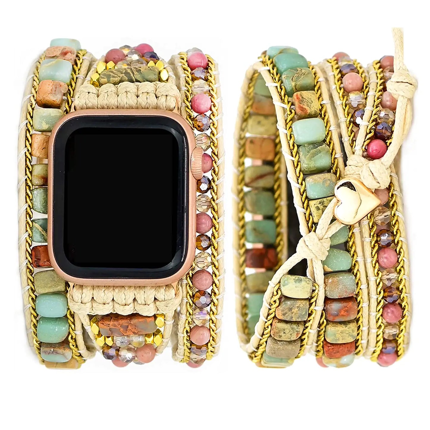 Boho Jasper Handmade Watch Band: Natural Energy Stone Bohemian Smartwatch Bands Compatible with Apple Watch 38mm40mm41mm42mm44mm45mm Boho Bracelet Beaded Imperial Jasper Gemstone Wrap iWatch