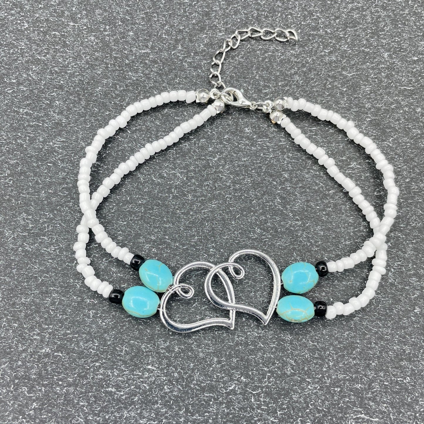 Bohemian Beach Beaded Feet Chain, Double Layer Heart Shaped Beaded Anklet