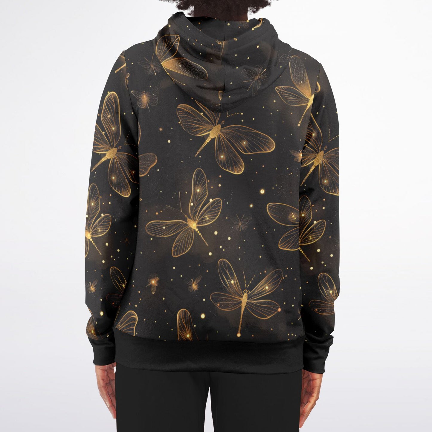 Golden Dragonfly Zip-Up Hoodie – Shimmering Night Sky All Over Print with Magical Ethereal Design | One of a Kind | Unique