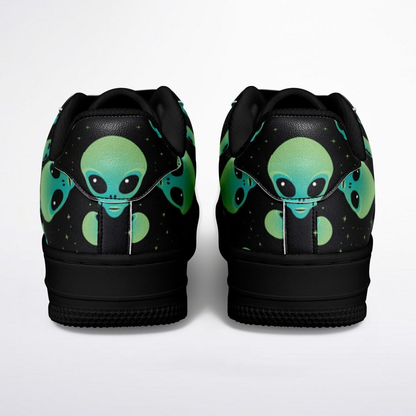 Core Low Shoes, Alien Skull Sneakers, Green & Blue Skull Low Tops, Unique Sci-Fi Streetwear Custom Design