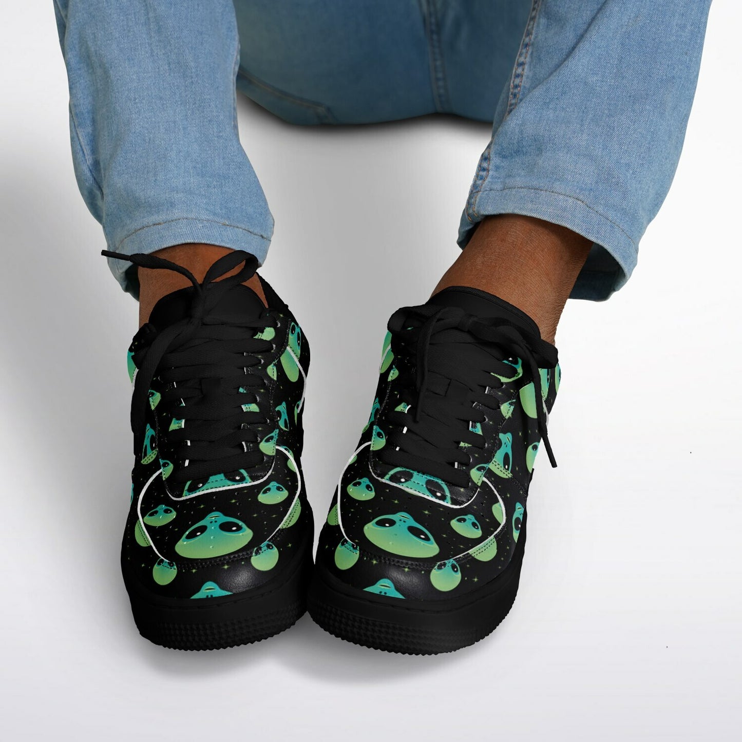 Core Low Shoes, Alien Skull Sneakers, Green & Blue Skull Low Tops, Unique Sci-Fi Streetwear Custom Design