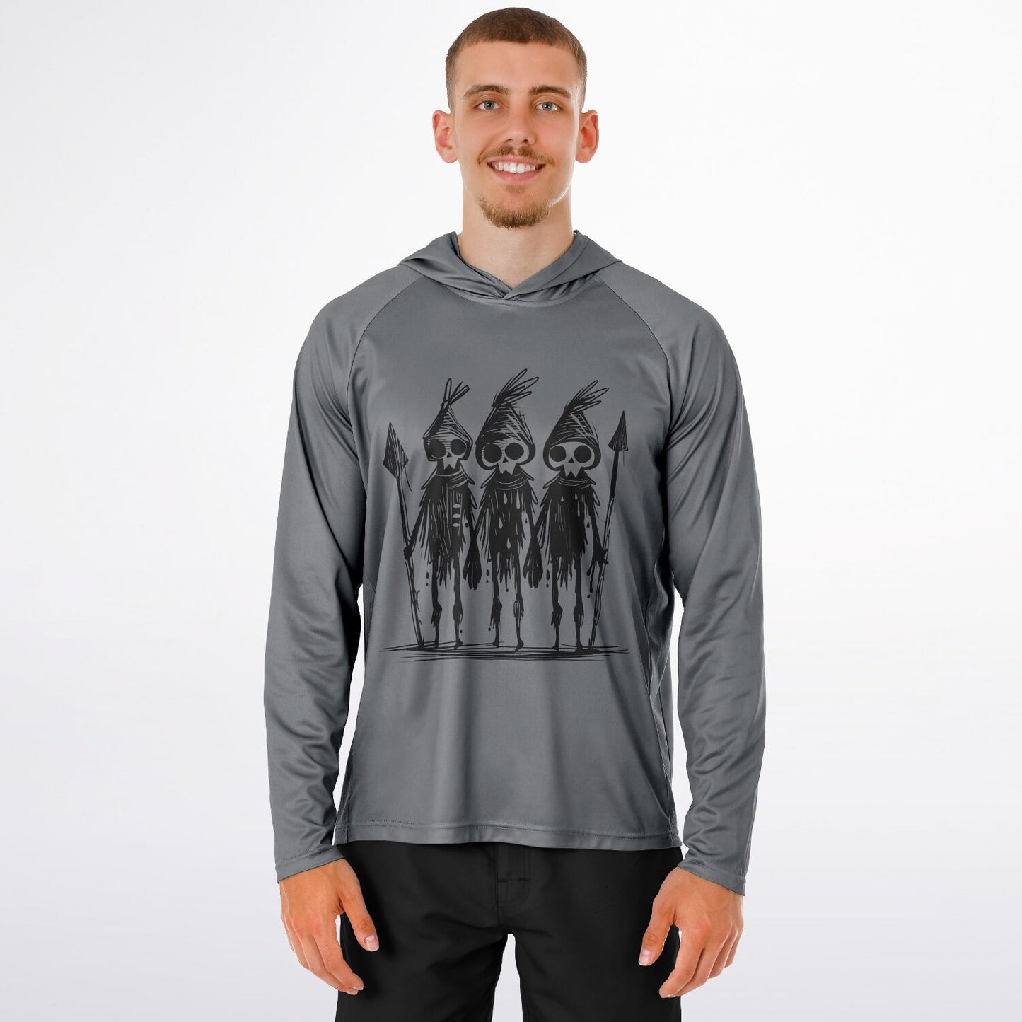 Men’s Hooded Performance Shirt – Tribal Warrior Skull Sketch Long Sleeve