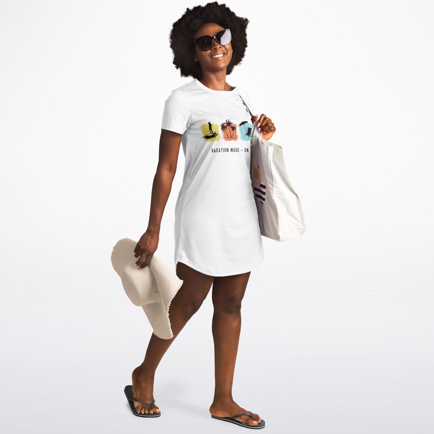 Vacation Mode On White T-Shirt Dress, Casual Summer Beach Dress, Relaxed Fit Travel Outfit, Graphic Vacation Dress for Women copy