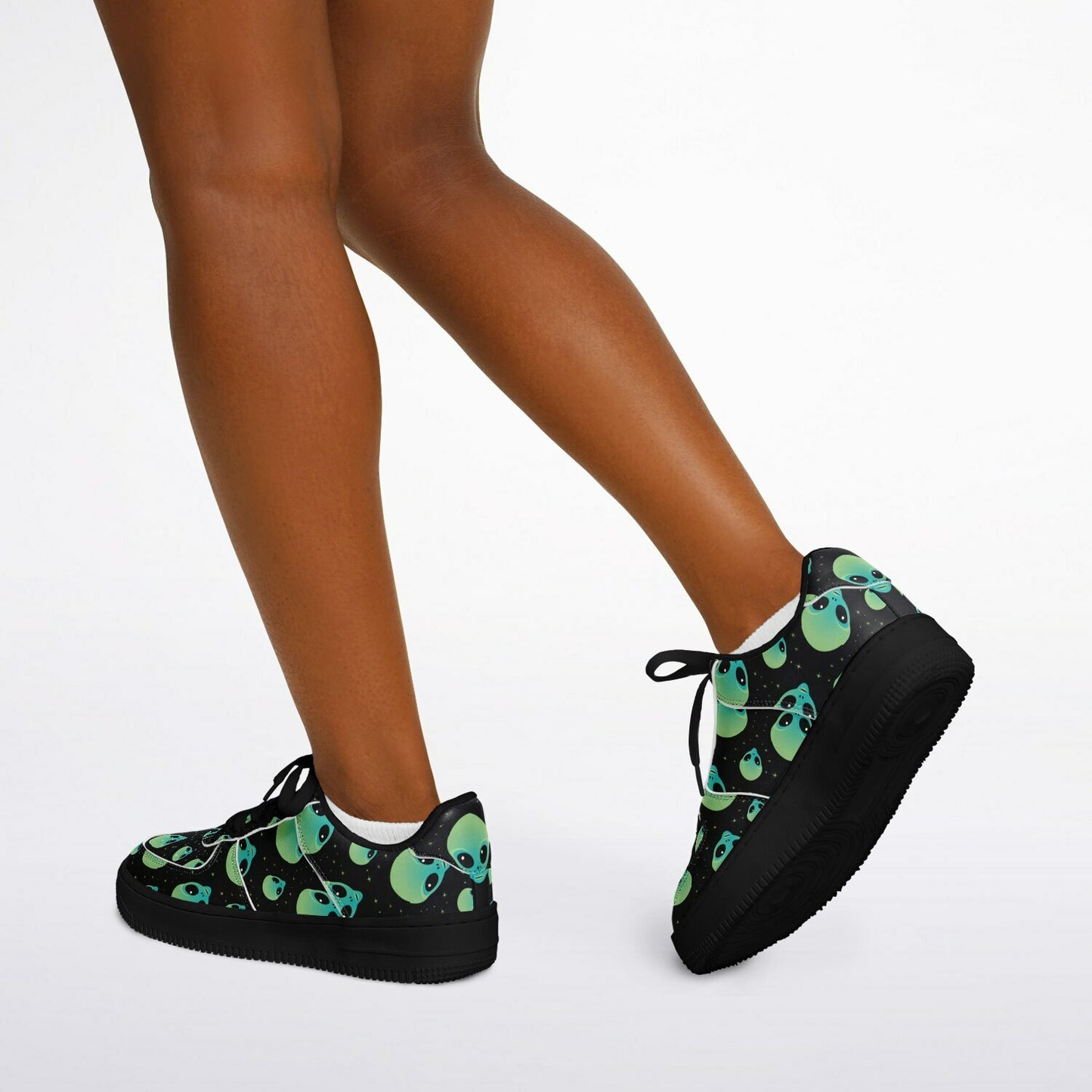 Core Low Shoes, Alien Skull Sneakers, Green & Blue Skull Low Tops, Unique Sci-Fi Streetwear Custom Design