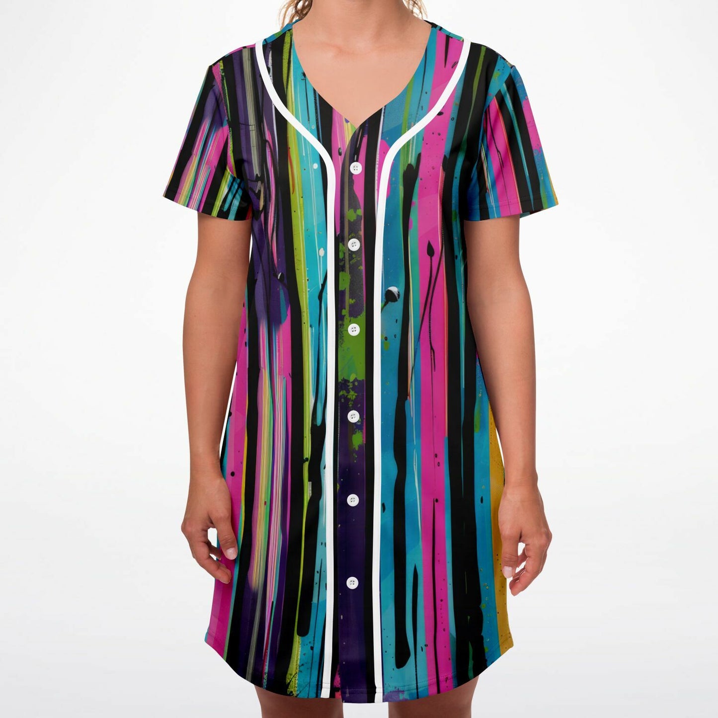 Vibrant Abstract Baseball Jersey Dress – Colorful Grunge Painting Design with Dynamic Splatter & Drip Effects