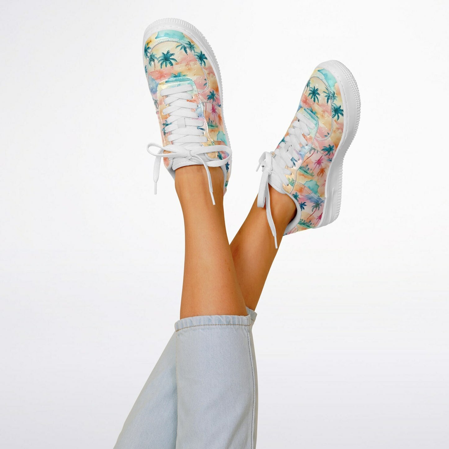 Super Cool Beach Shoes, Tropical Watercolor Sneakers, Pastel Palm Tree Low Tops, Summer Beach Shoes