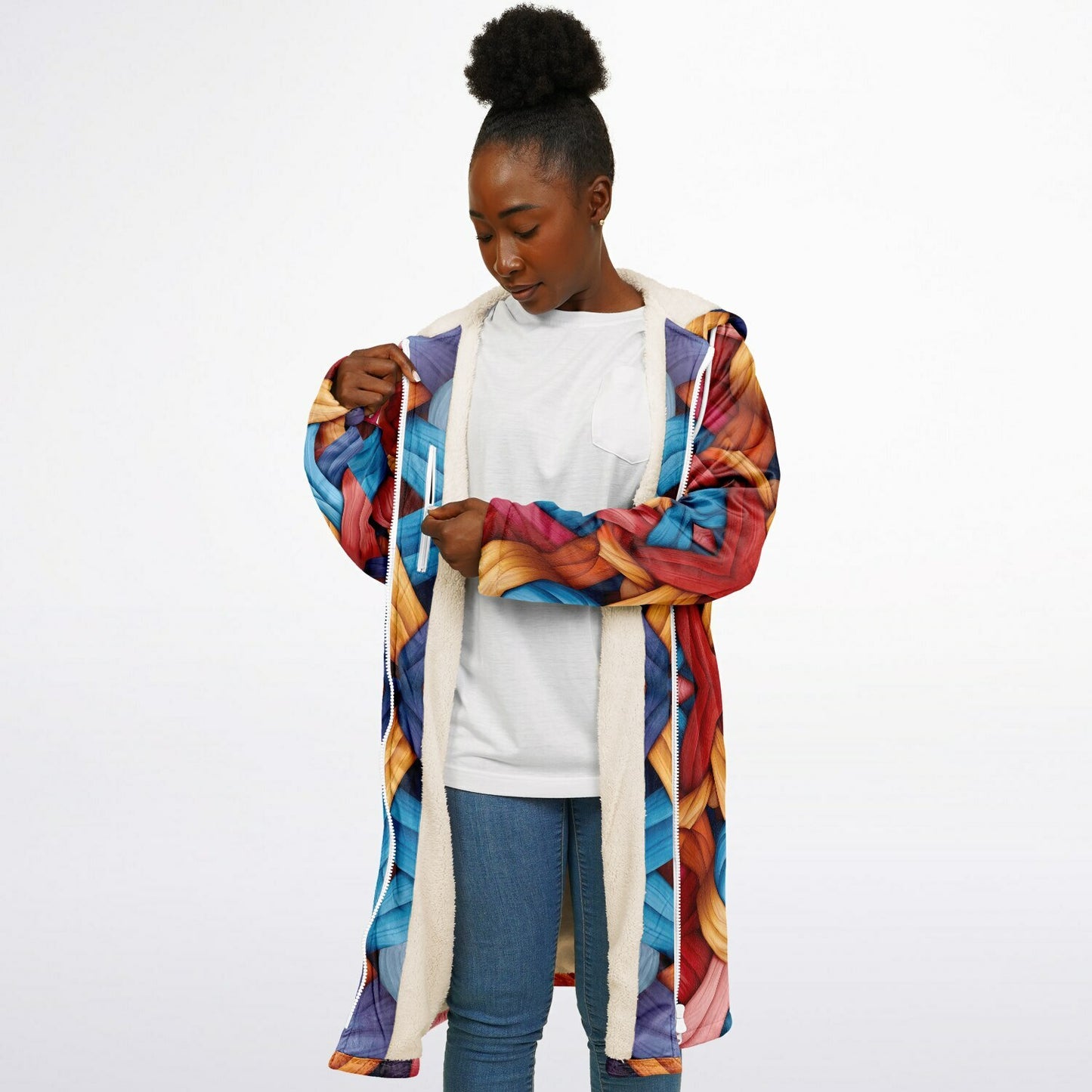 Zipper Cloak β Bold Blue & Red Weave Pattern, Creative Boho Hooded Wrap