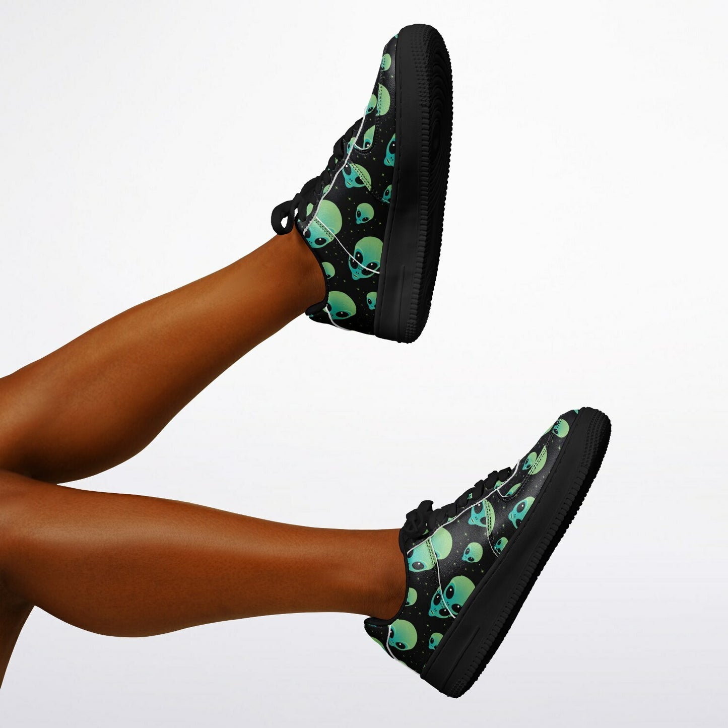 Core Low Shoes, Alien Skull Sneakers, Green & Blue Skull Low Tops, Unique Sci-Fi Streetwear Custom Design