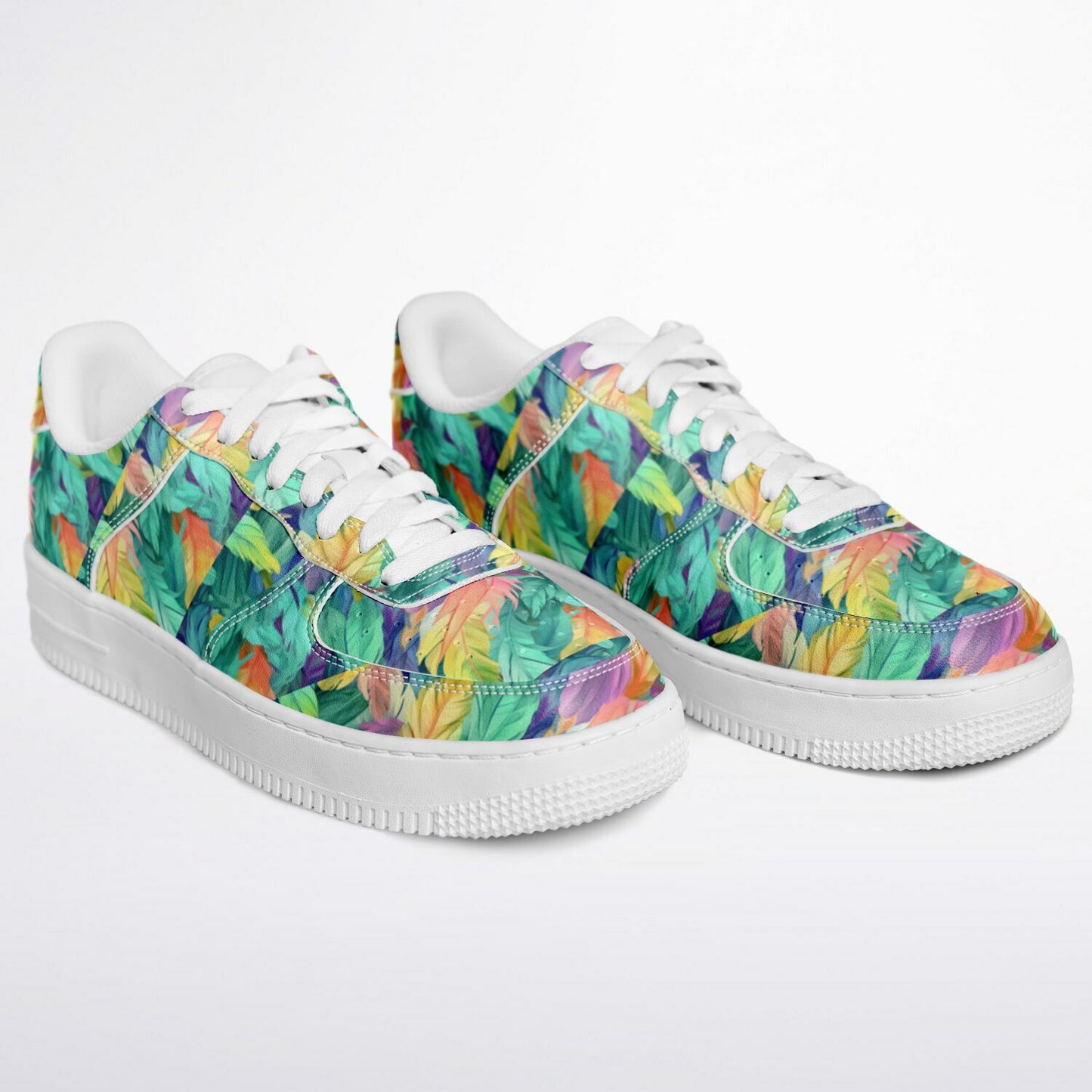 Core Low Shoes, Neon Feather Sneakers, Colorful Feather Print Low Tops, Festival Streetwear Shoes, Custom Shoes