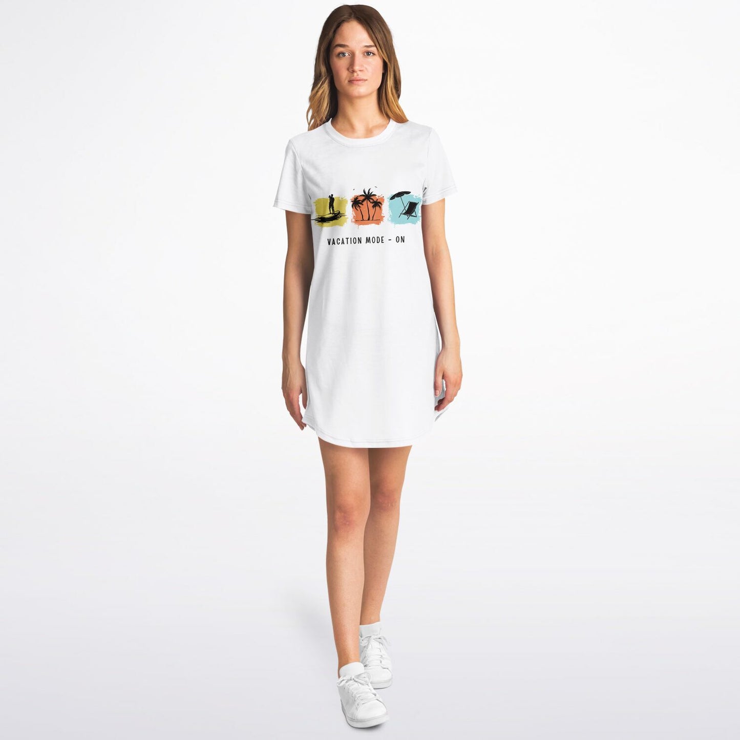 Vacation Mode On White T-Shirt Dress, Casual Summer Beach Dress, Relaxed Fit Travel Outfit, Graphic Vacation Dress for Women copy