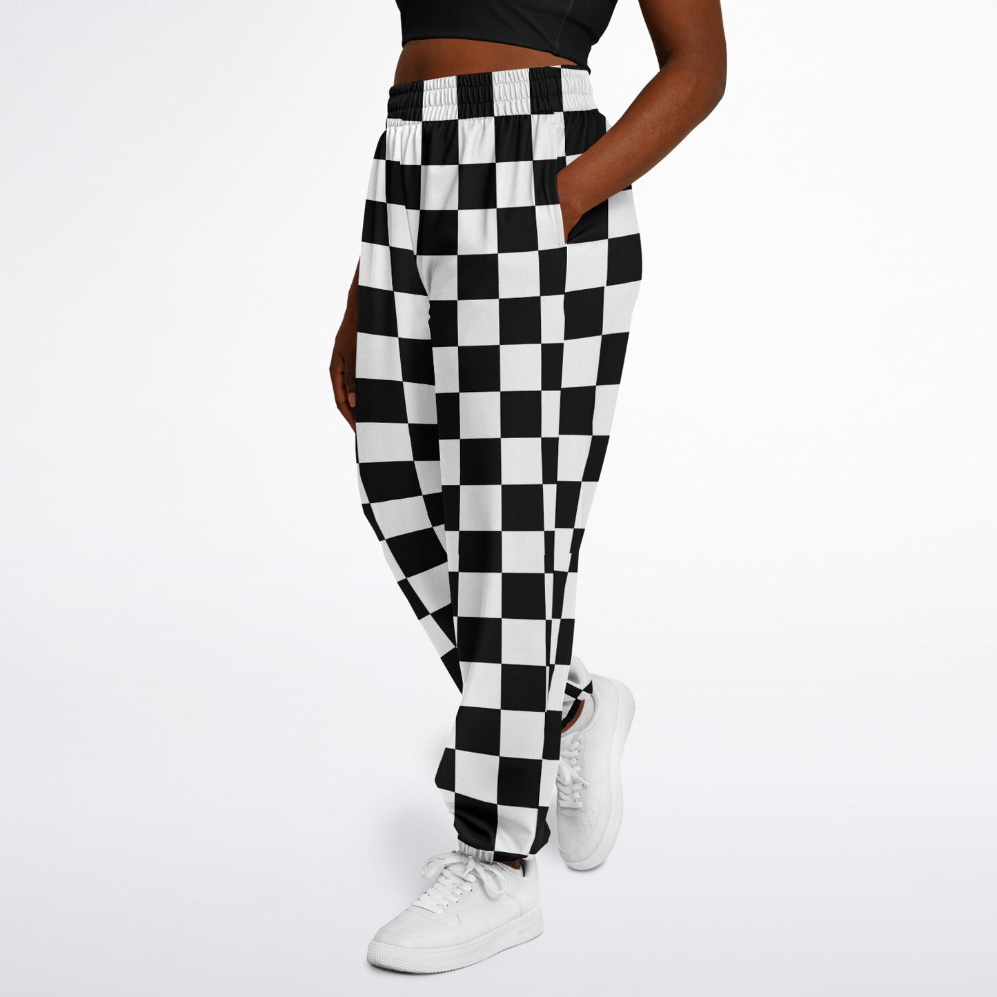 Black White Checkered Women's Track Pants, Eco-Friendly Check Straight Leg Quick Dry Festival Elastic Waist Windbreaker Tracksuit