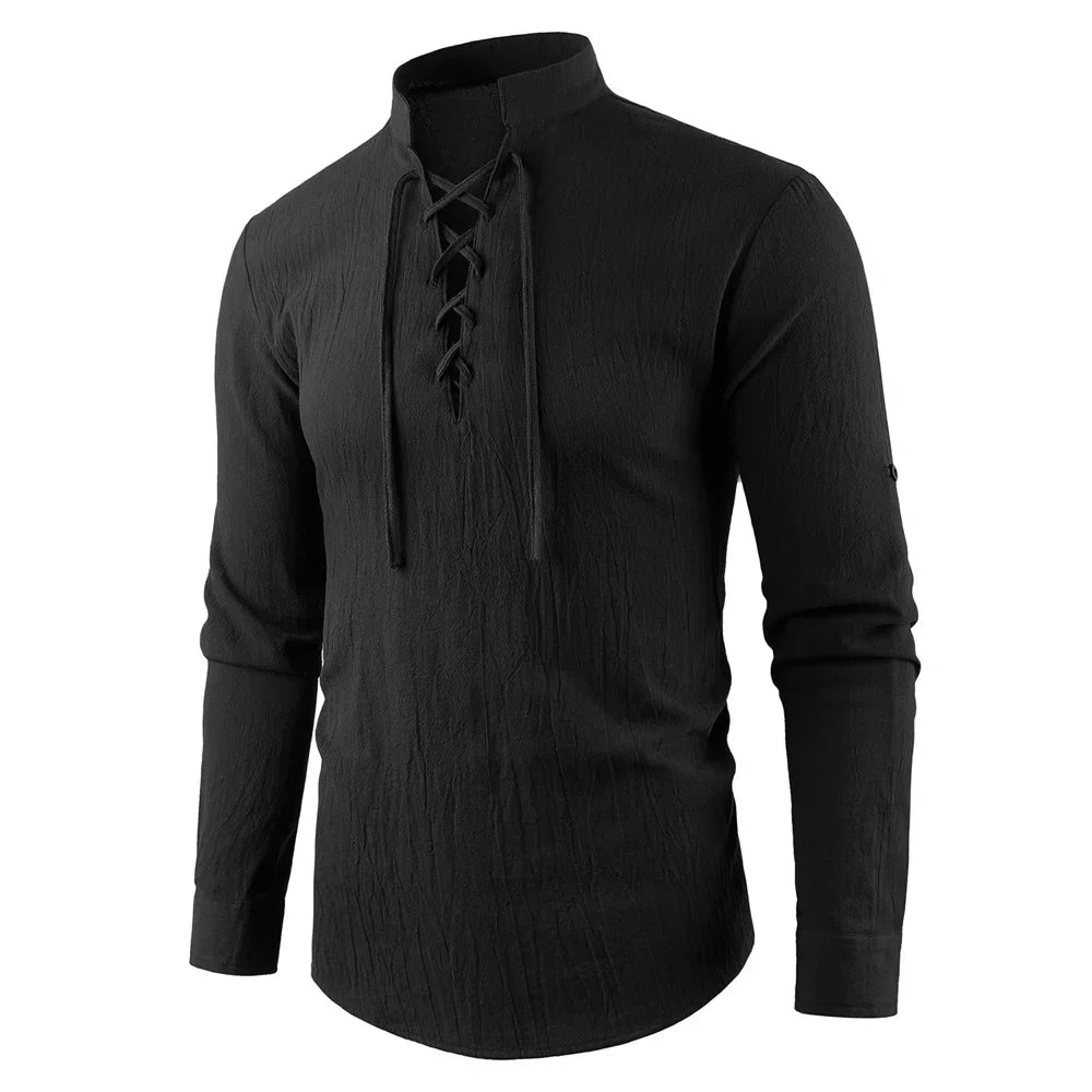 Men's Vintage V-neck T-shirt Cotton Linen Pirate Medieval Viking Gothic Tops Shirts Long Sleeved Cospaly Halloween Party Top
