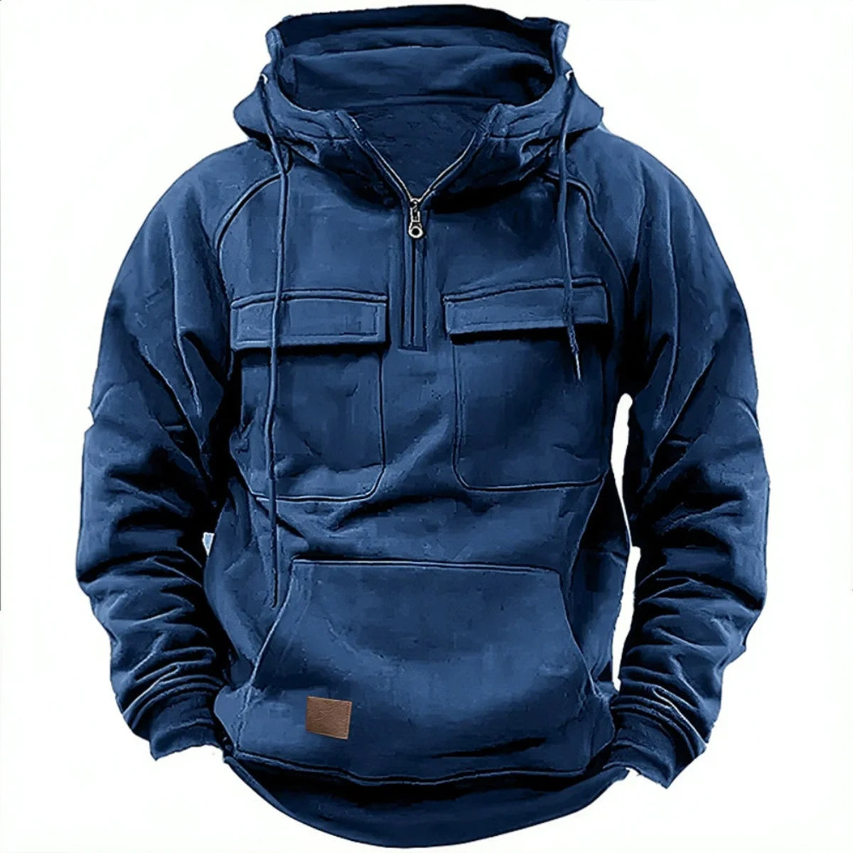New men's hooded solid-color casual hoodie - fashionable young man's multi-pocket patch hoodie pullover shirt
