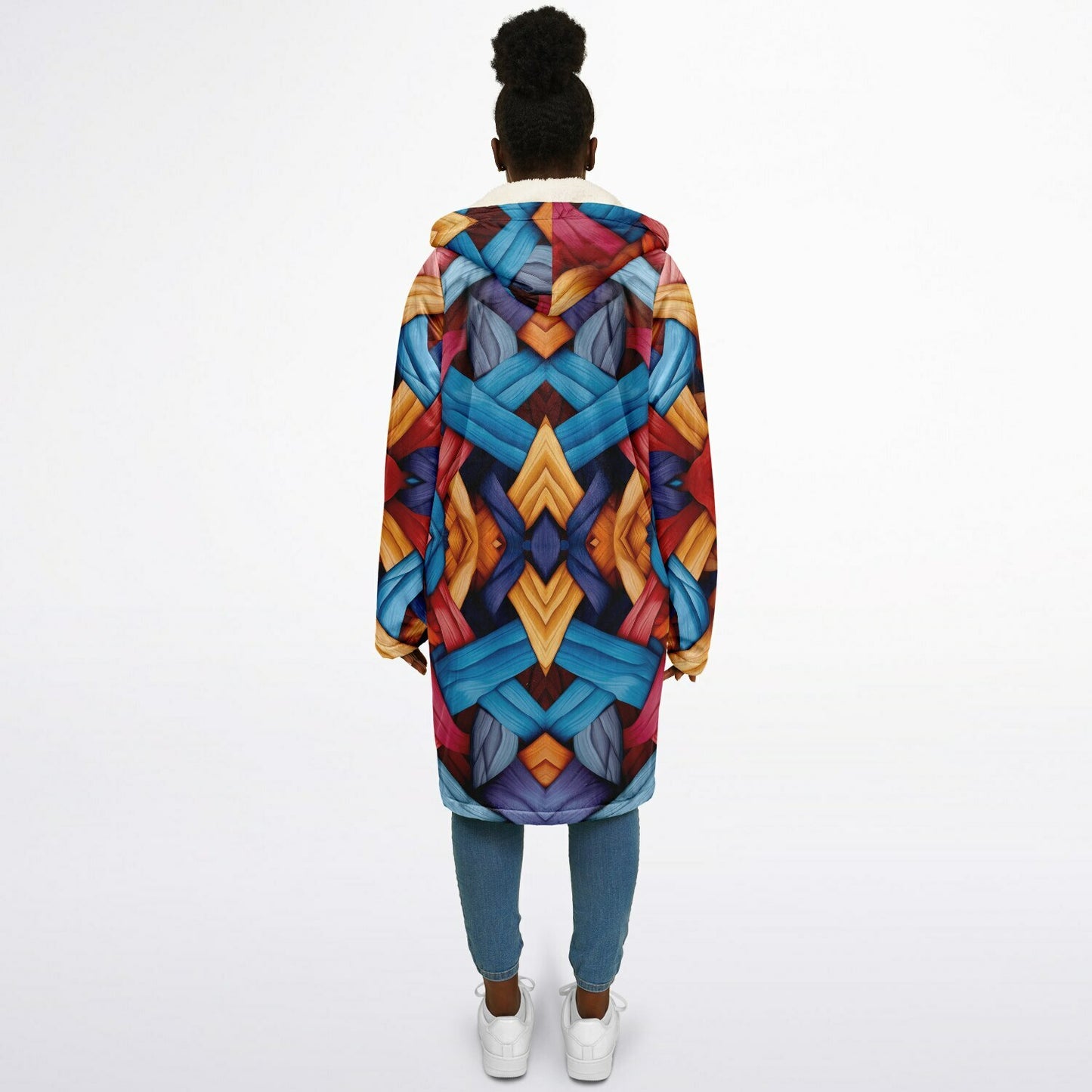 Zipper Cloak β Bold Blue & Red Weave Pattern, Creative Boho Hooded Wrap