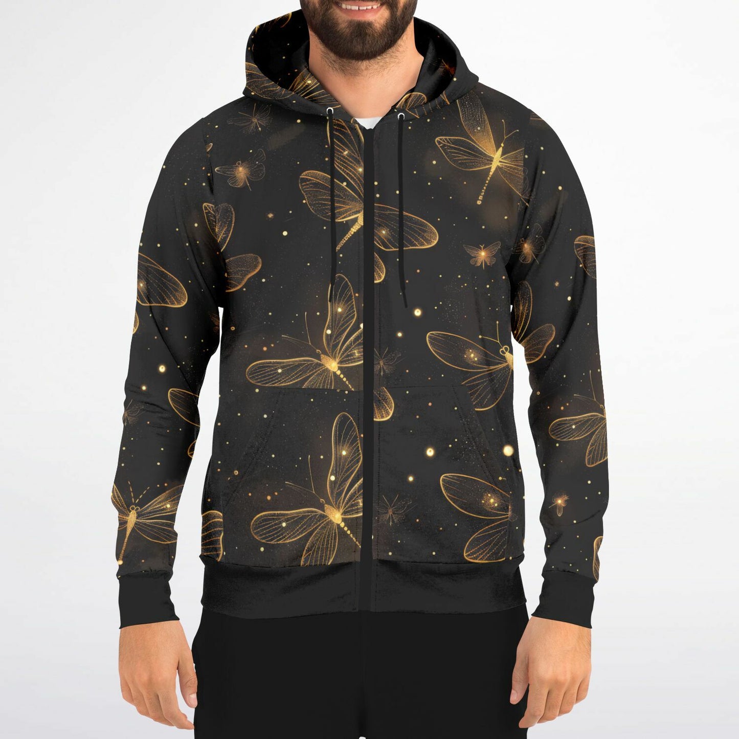 Golden Dragonfly Zip-Up Hoodie – Shimmering Night Sky All Over Print with Magical Ethereal Design | One of a Kind | Unique