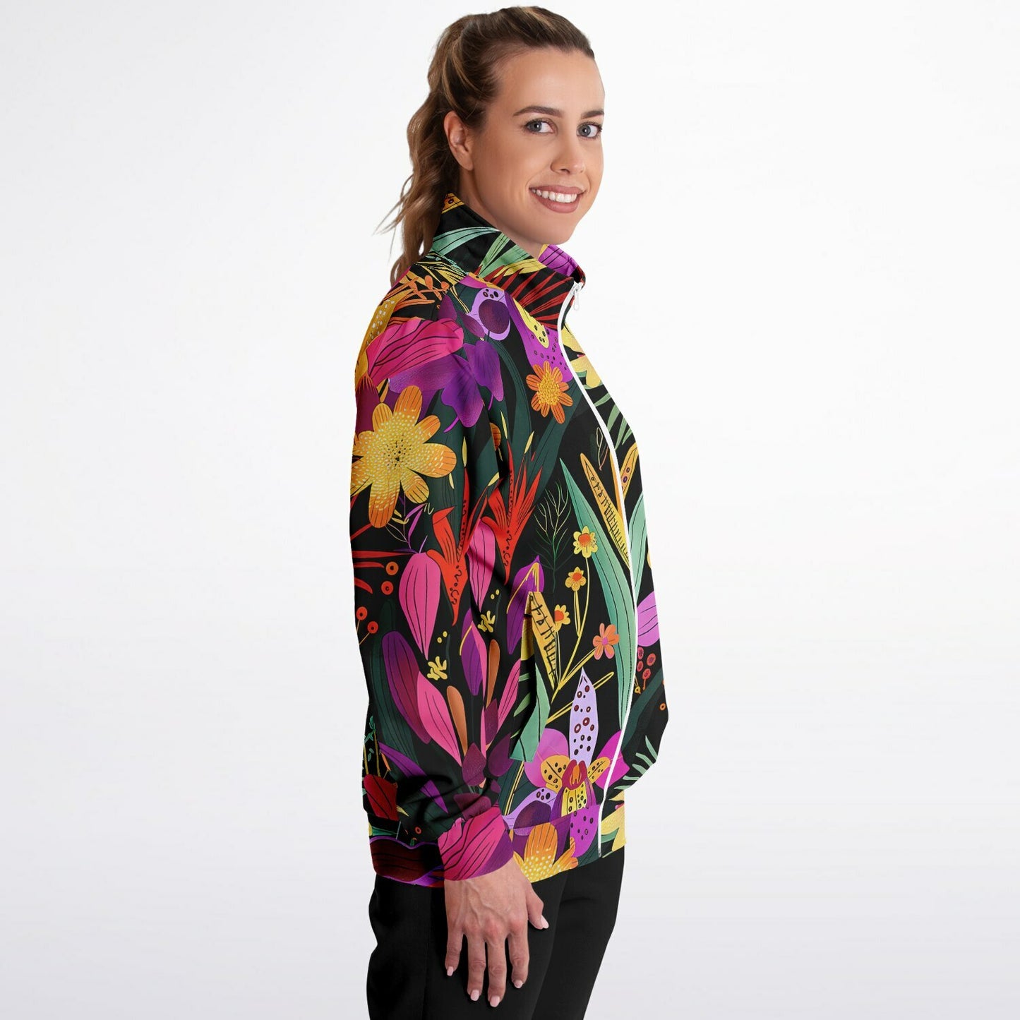 Exotic Floral Track Spring, Summer & Fall Jacket – Vibrant Tropical Lilies & Orchids Streetwear
