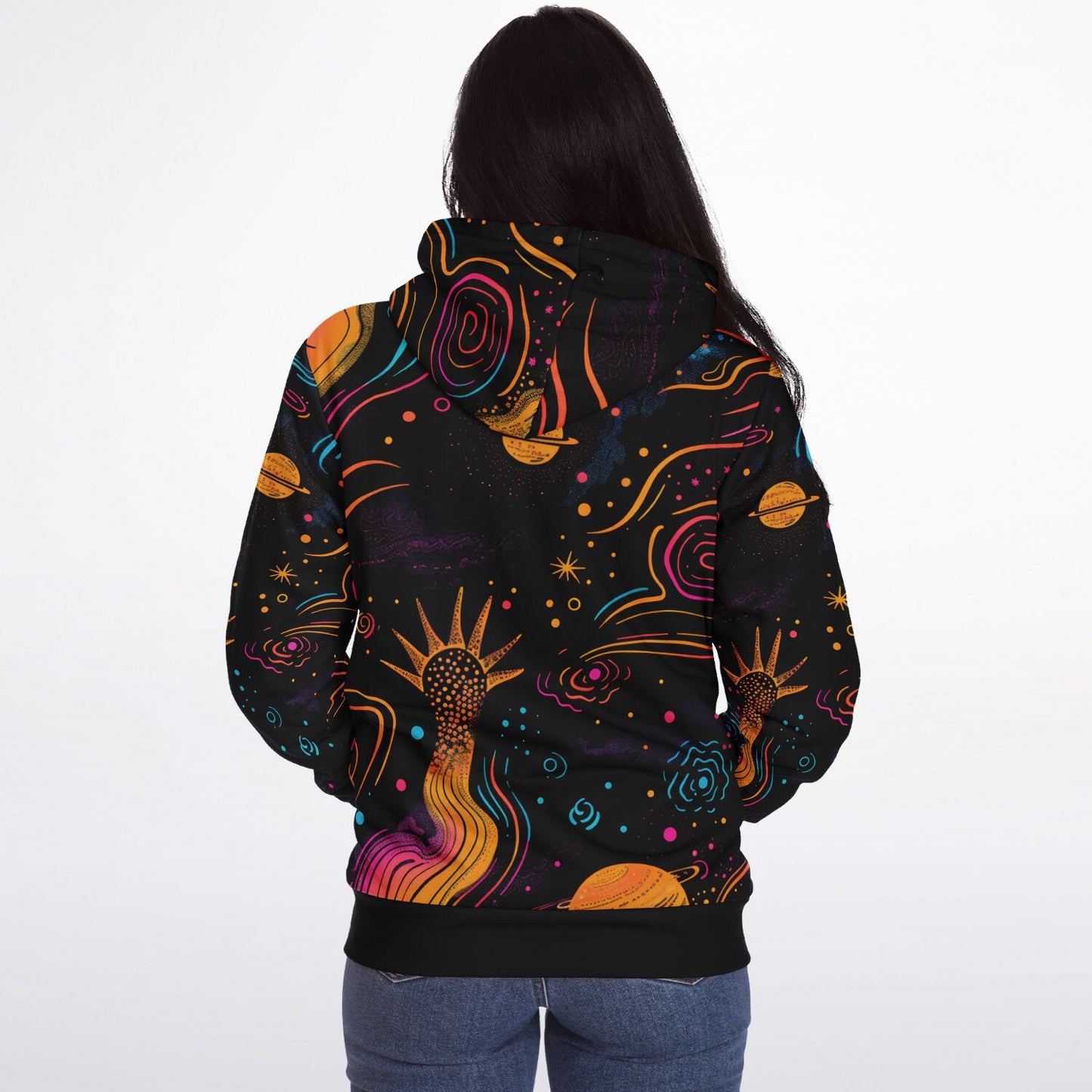 Custom Design Zip Hoodie, Cosmic Psychedelic Sweatshirt, Vibrant Celestial Planets & Stars Zip Up