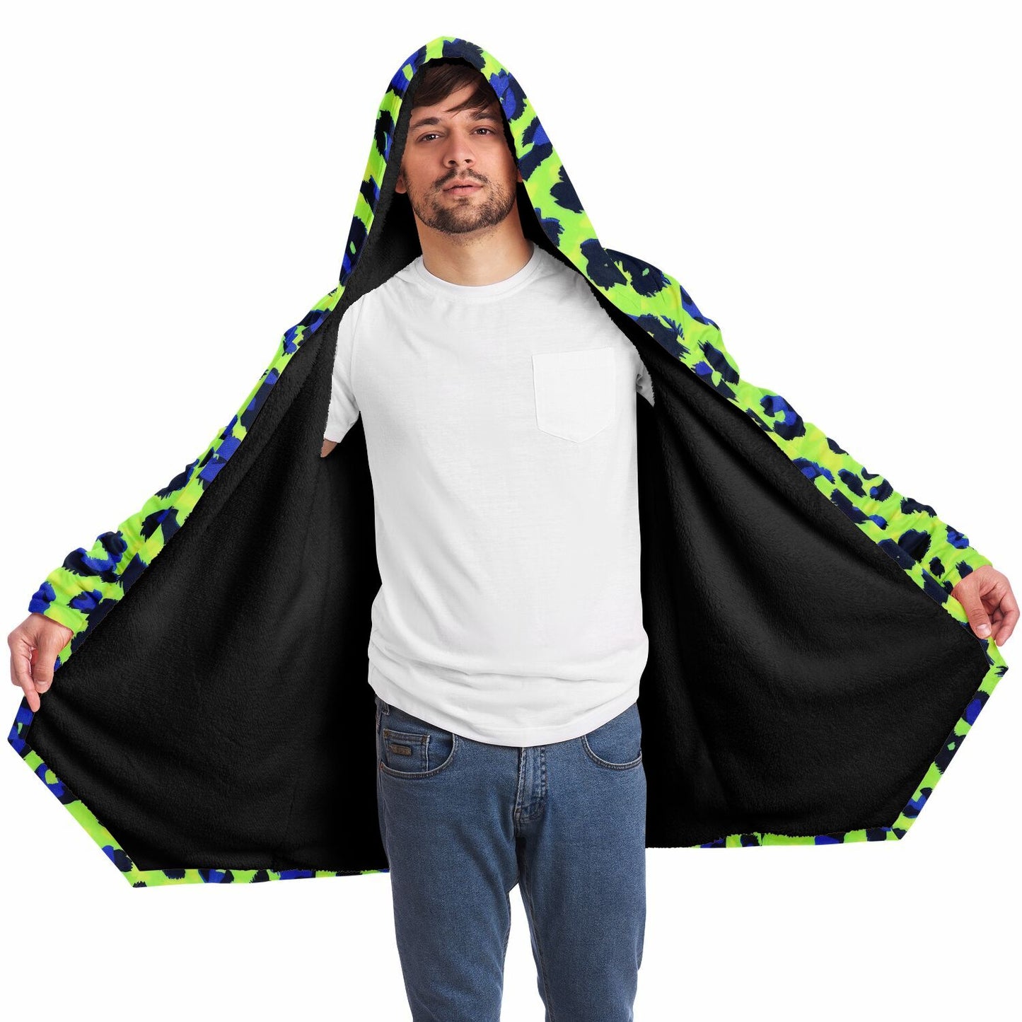 Boho Men Style Cloak – Neon Green Blue Abstract Animal Print Hooded Wrap