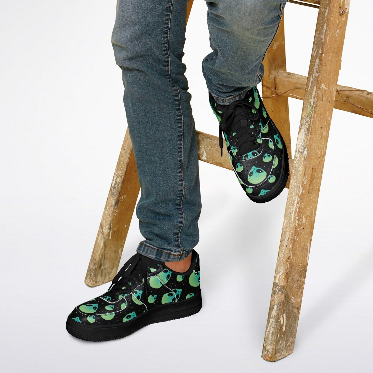 Core Low Shoes, Alien Skull Sneakers, Green & Blue Skull Low Tops, Unique Sci-Fi Streetwear Custom Design