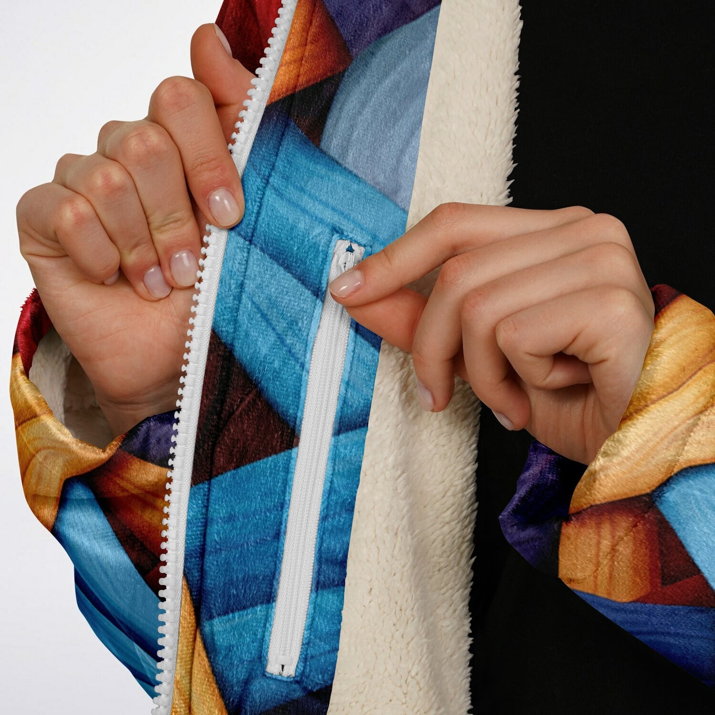 Zipper Cloak β Bold Blue & Red Weave Pattern, Creative Boho Hooded Wrap