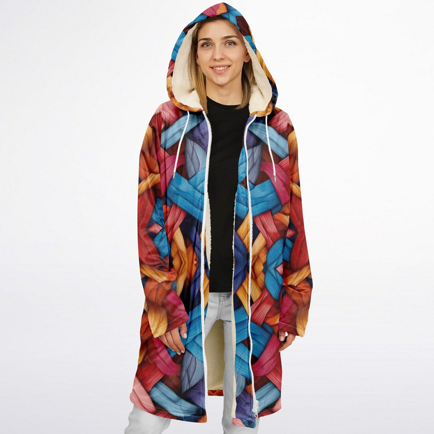 Zipper Cloak β Bold Blue & Red Weave Pattern, Creative Boho Hooded Wrap