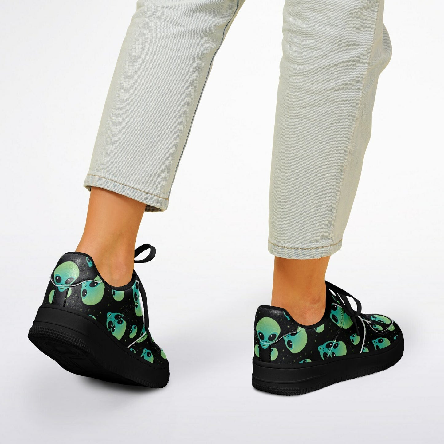 Core Low Shoes, Alien Skull Sneakers, Green & Blue Skull Low Tops, Unique Sci-Fi Streetwear Custom Design