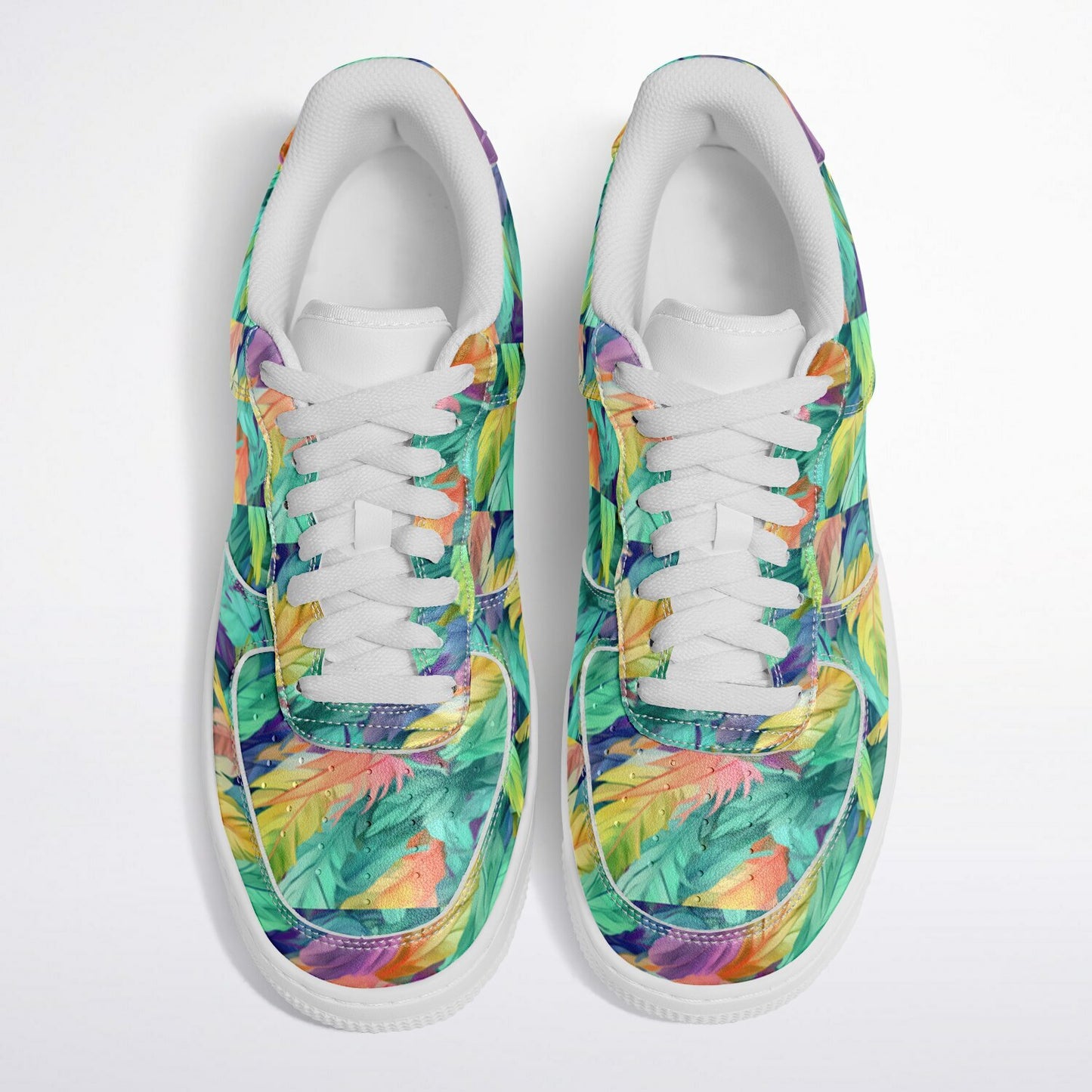 Core Low Shoes, Neon Feather Sneakers, Colorful Feather Print Low Tops, Festival Streetwear Shoes, Custom Shoes