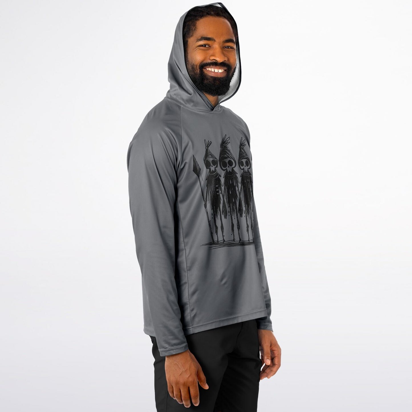 Men’s Hooded Performance Shirt – Tribal Warrior Skull Sketch Long Sleeve