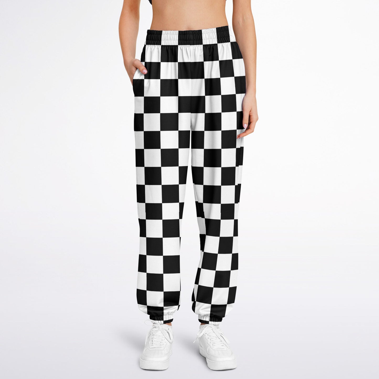 Black White Checkered Women's Track Pants, Eco-Friendly Check Straight Leg Quick Dry Festival Elastic Waist Windbreaker Tracksuit