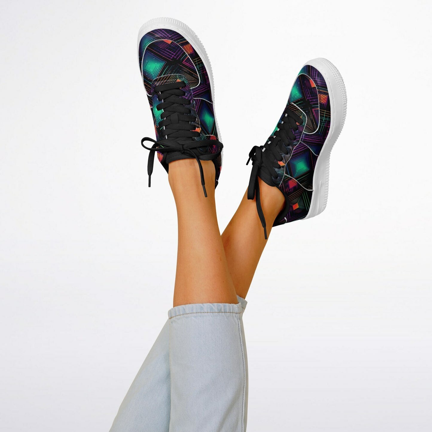 Core Low Shoes, Neon Geometric Sneakers, Colorful EDM Low Tops, Festival Rave Footwear, Custom Shoes