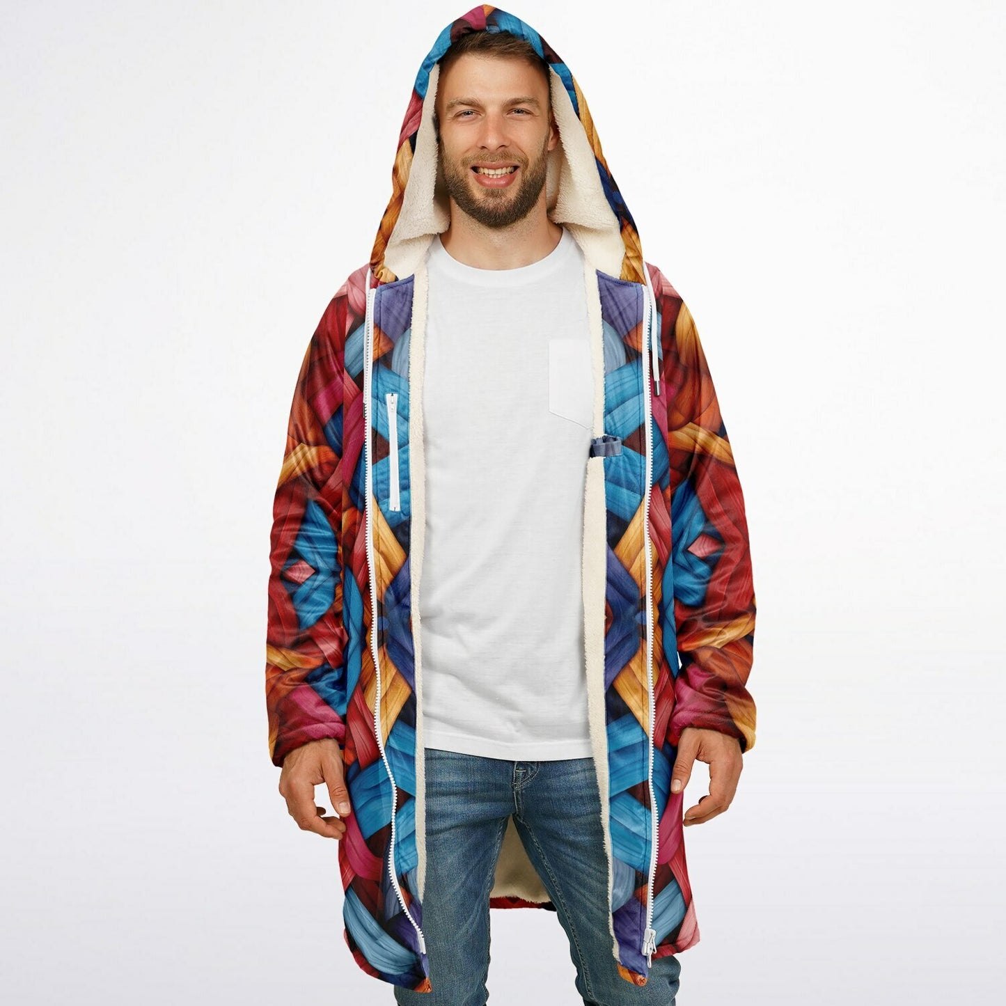 Zipper Cloak β Bold Blue & Red Weave Pattern, Creative Boho Hooded Wrap