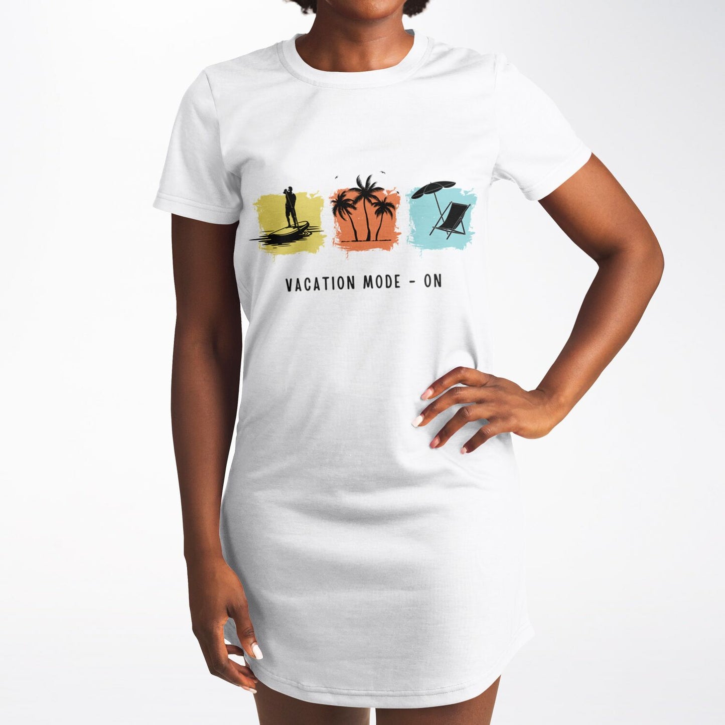 Vacation Mode On White T-Shirt Dress, Casual Summer Beach Dress, Relaxed Fit Travel Outfit, Graphic Vacation Dress for Women copy