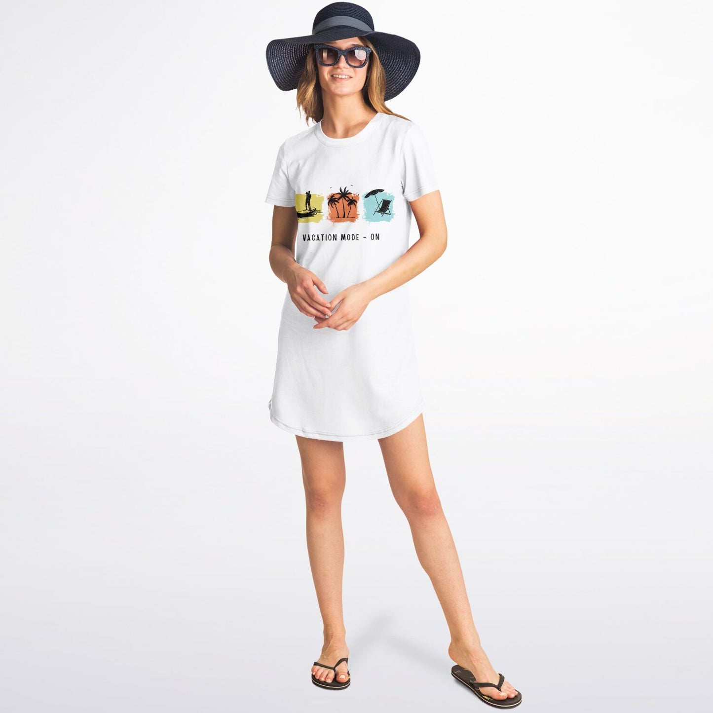 Vacation Mode On White T-Shirt Dress, Casual Summer Beach Dress, Relaxed Fit Travel Outfit, Graphic Vacation Dress for Women copy
