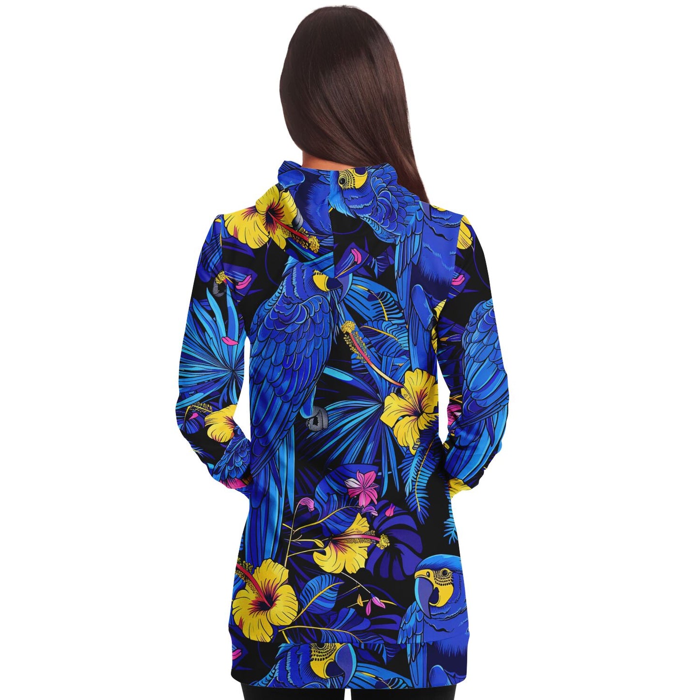 Fashion Longline Hoodie #colorful #vibrant #nature #macaws #foliage #exotic #floral #tropical #parrots #palm-leaves #wildlife #jungle #fashion #illustration #flowers #hibiscus