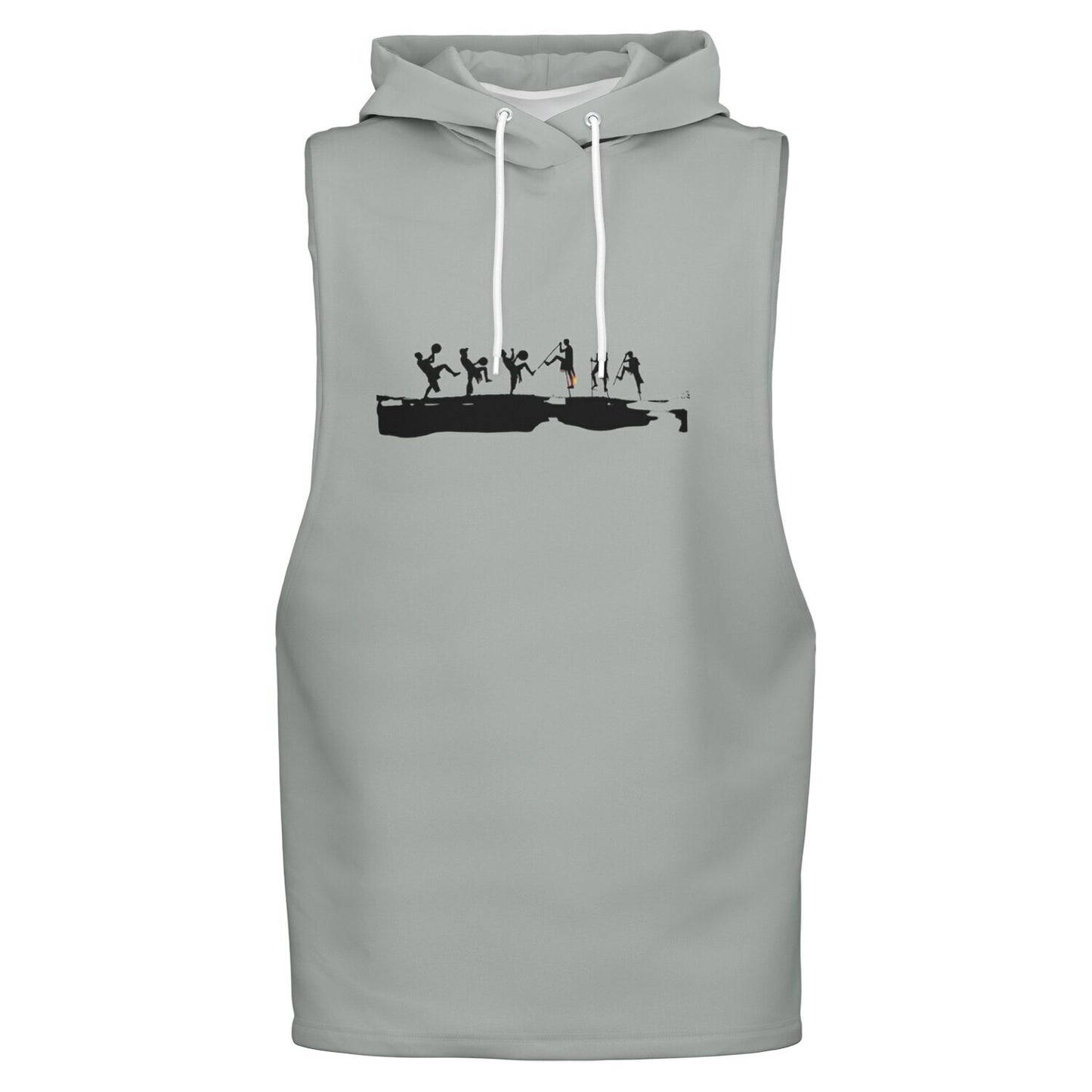 Primitive Tribal Drop Armhole Hoodie – Black & White Warrior Illustration with Spear and Headdress Design Athletic Sleeveless Hoodie copy
