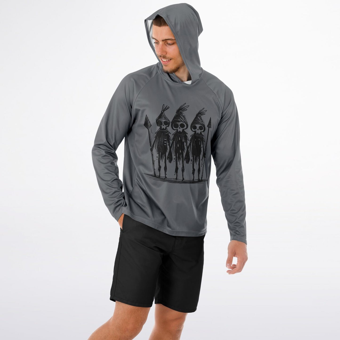 Men’s Hooded Performance Shirt – Tribal Warrior Skull Sketch Long Sleeve